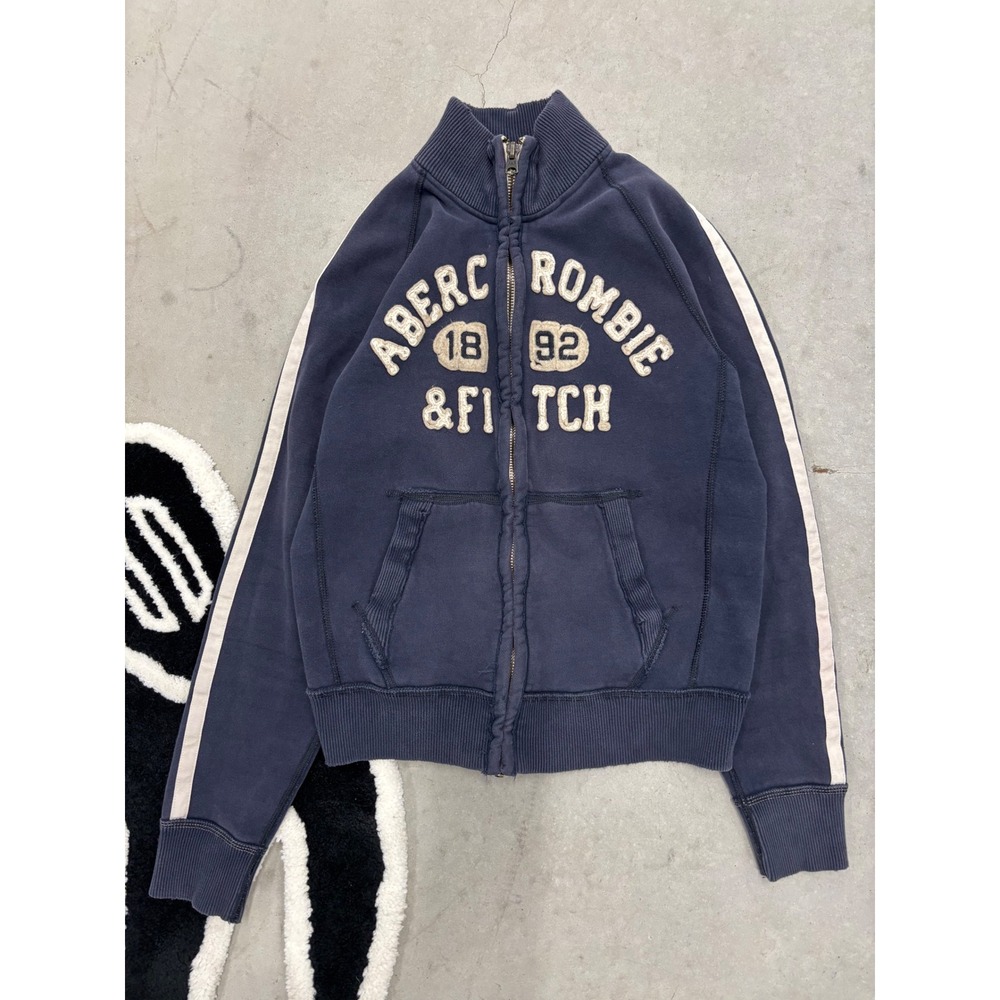 Abercrombie & Fitch Mens Large Navy Blue Full Zip Track Jacket Chenille Logo Y2K